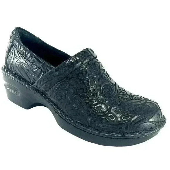 Born Concepts BOC Black Leather Floral Embossed Peggy Clogs - Picture 1 of 11